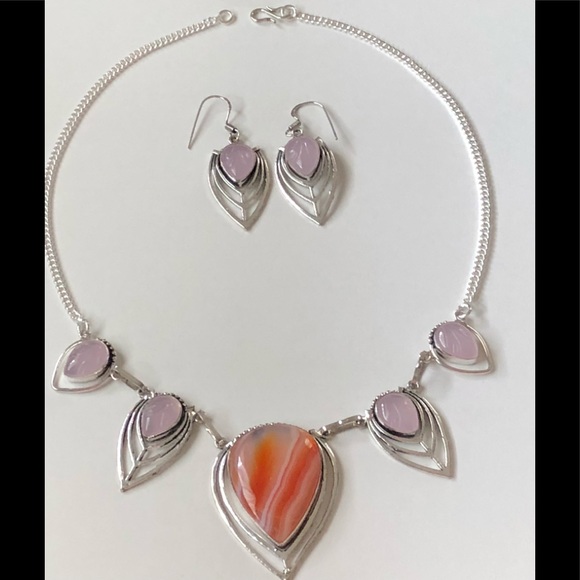 BOTSWANA AGATE AND ROSE QUARTZ EARRINGS/ NECKLACE - Picture 5 of 8